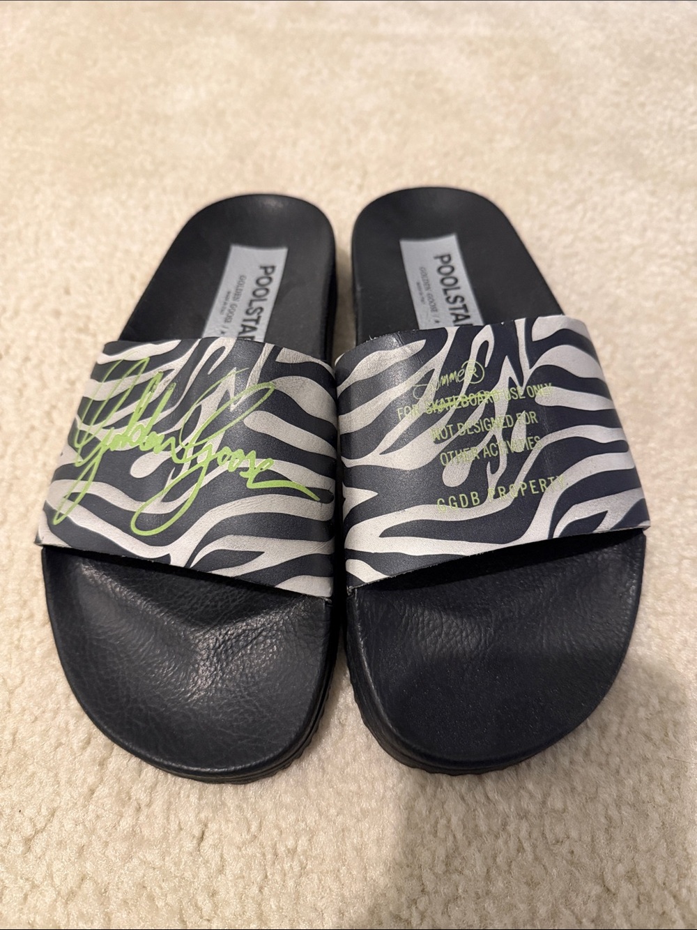 Golden Goose Black Slide Sandals with Zebra Strap